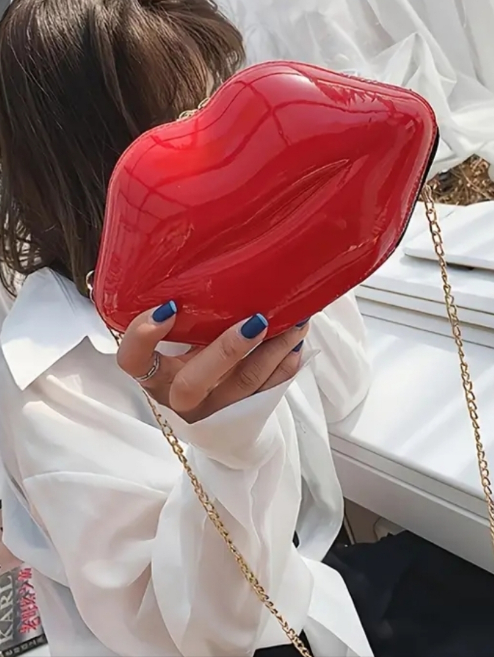Glossy Red Lip-Shaped Crossbody Bag with Chain Strap